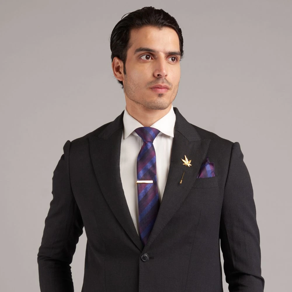 Purple Stripe Necktie with Pocket Square Combo Set for Men