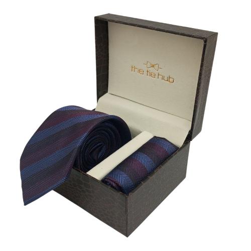 Purple Stripe Necktie with Pocket Square Combo Set for Men