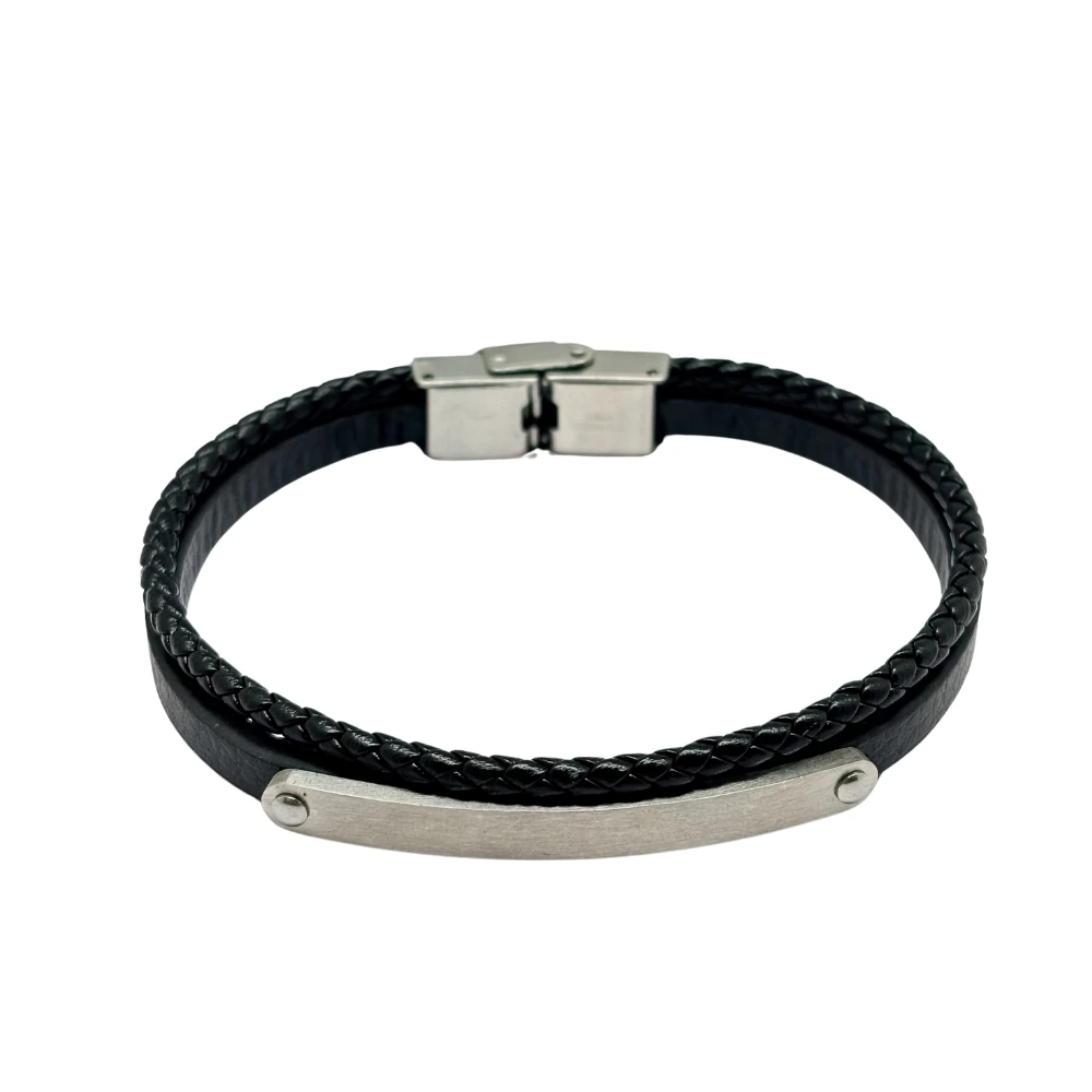 Black Braided Faux Leather Bracelet with Silver Bar for Men
