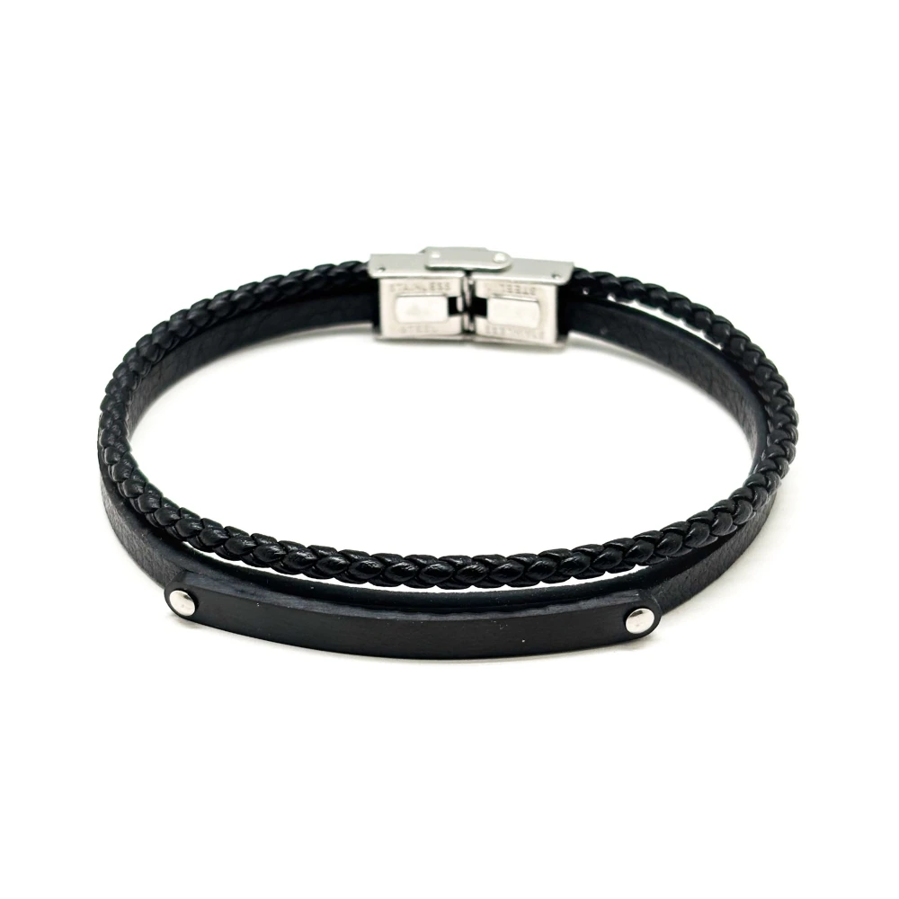 Black Faux Leather Bracelet with Braided and Plain Straps for Men