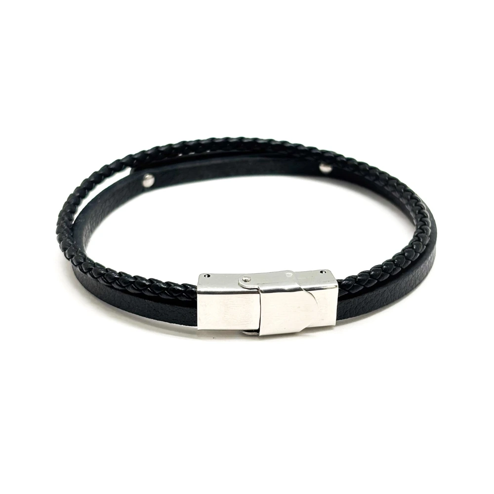 Black Faux Leather Bracelet with Braided and Plain Straps for Men