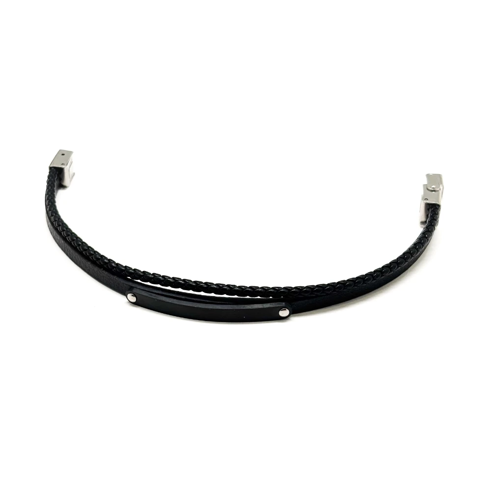 Black Faux Leather Bracelet with Braided and Plain Straps for Men