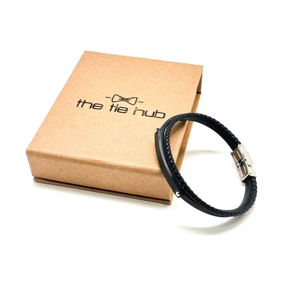 Black Faux Leather Bracelet with Braided and Plain Straps for Men