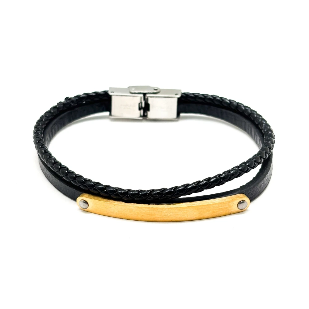 Black Faux Leather Bracelet with Gold Tone Bar and Braided Strap for Men