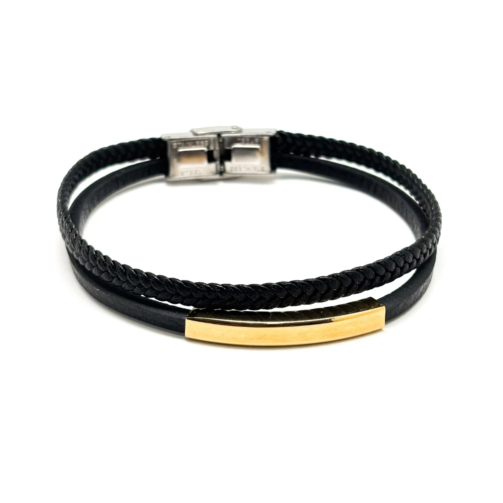 Black Faux Leather Bracelet with Gold Tone Curved Bar and Braided Strap for Men