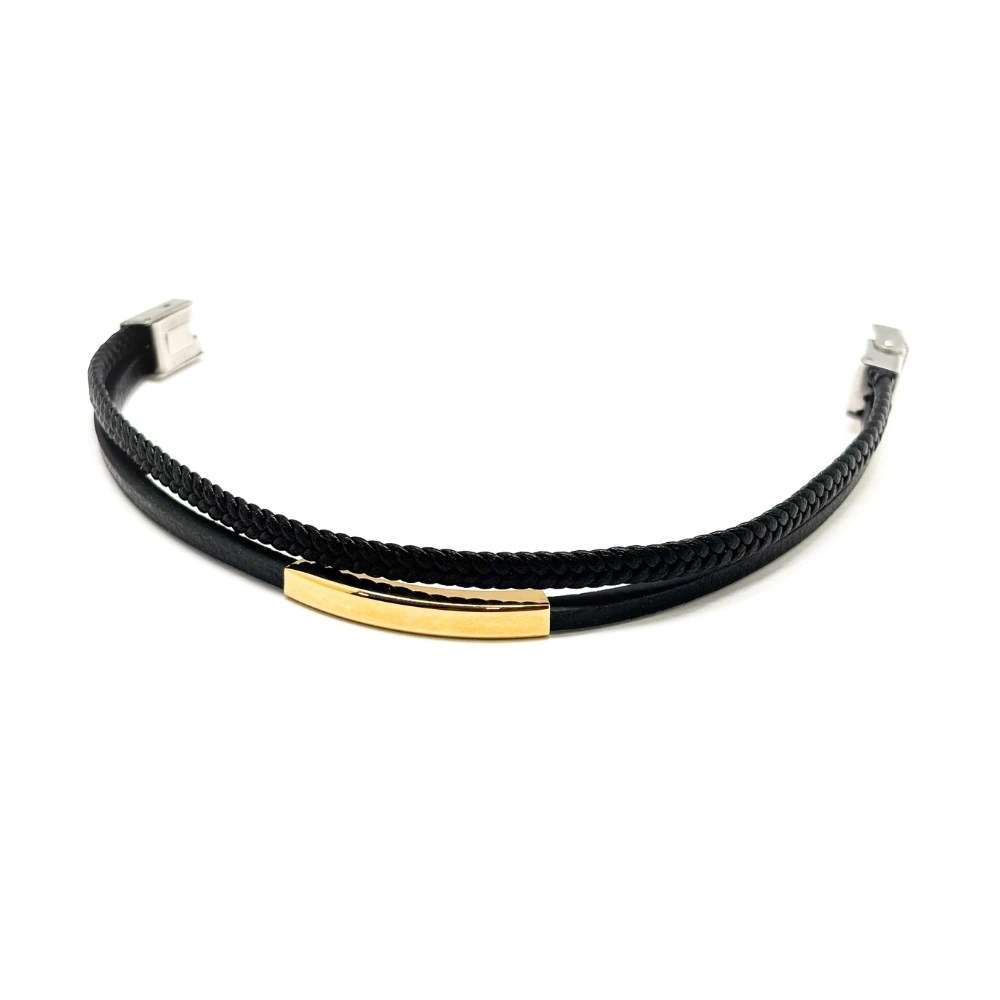 Black Faux Leather Bracelet with Gold Tone Curved Bar and Braided Strap for Men