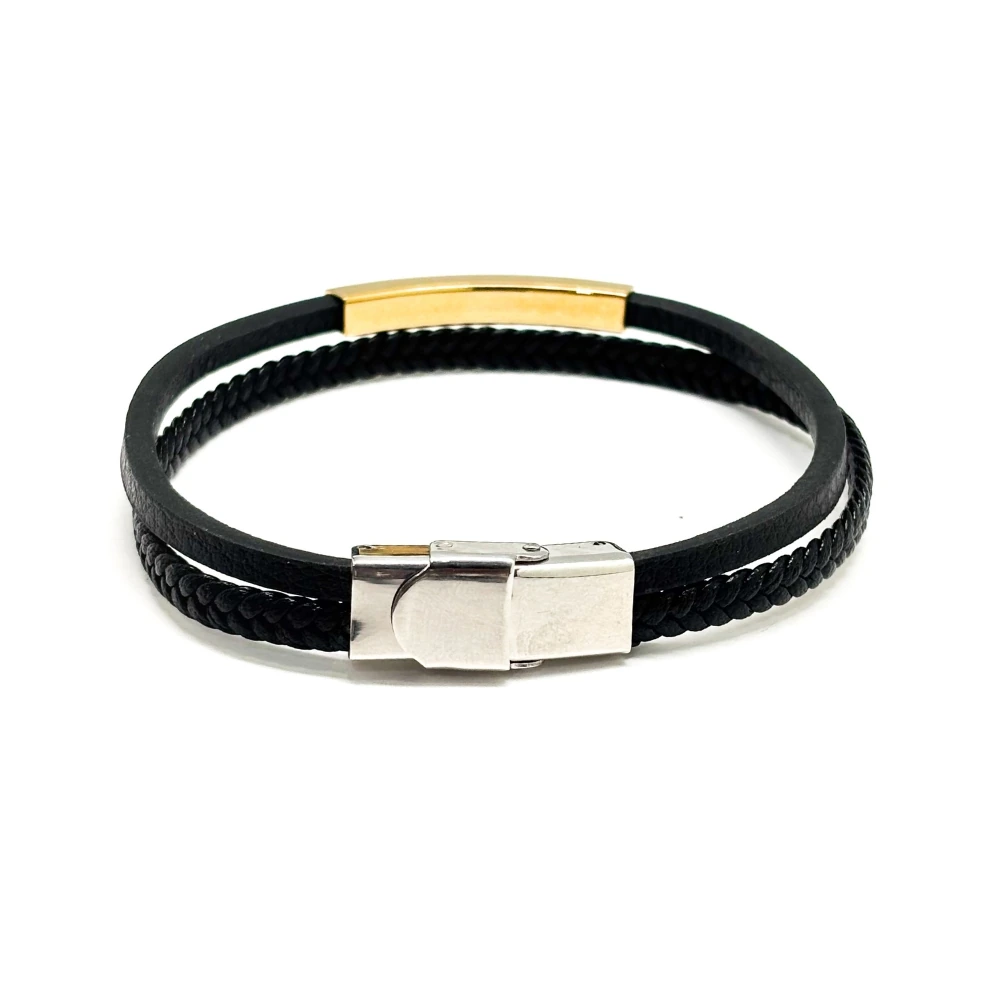 Black Faux Leather Bracelet with Gold Tone Curved Bar and Braided Strap for Men