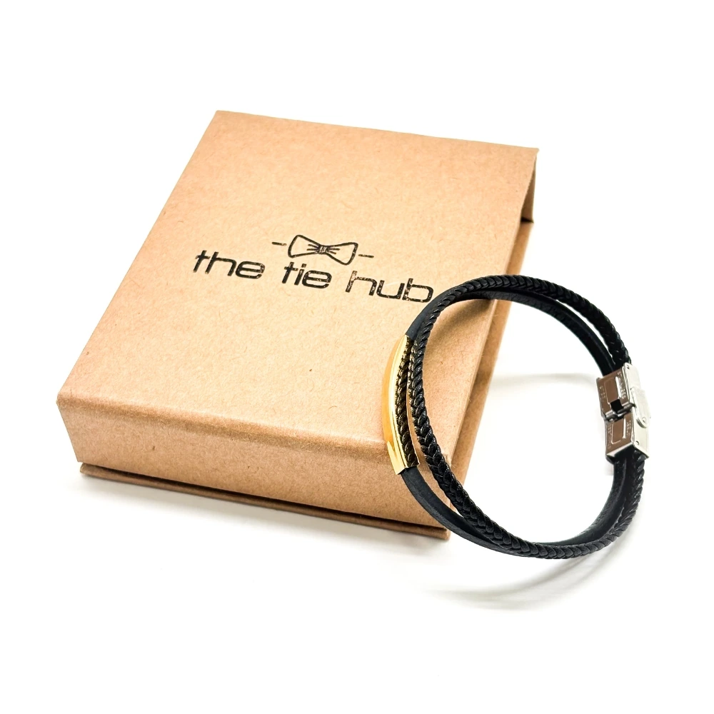 Black Faux Leather Bracelet with Gold Tone Curved Bar and Braided Strap for Men