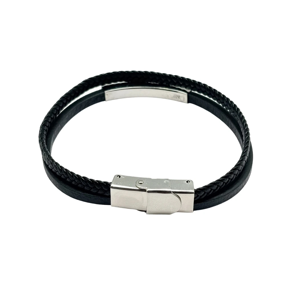 Black Braided Faux Leather Bracelet for Men