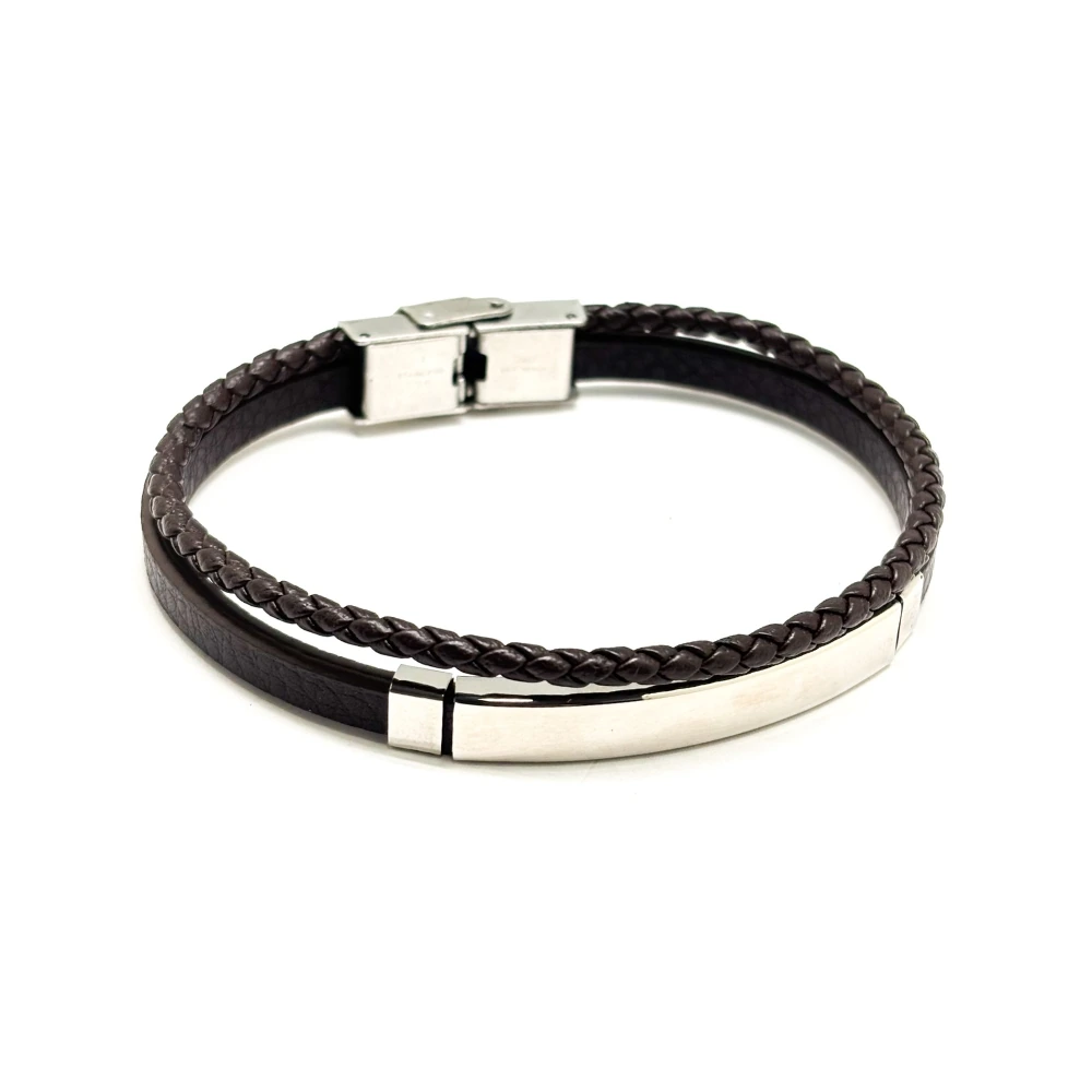 Brown Faux Leather Bracelet with Silver Tone Bar and Braided Strap for Men