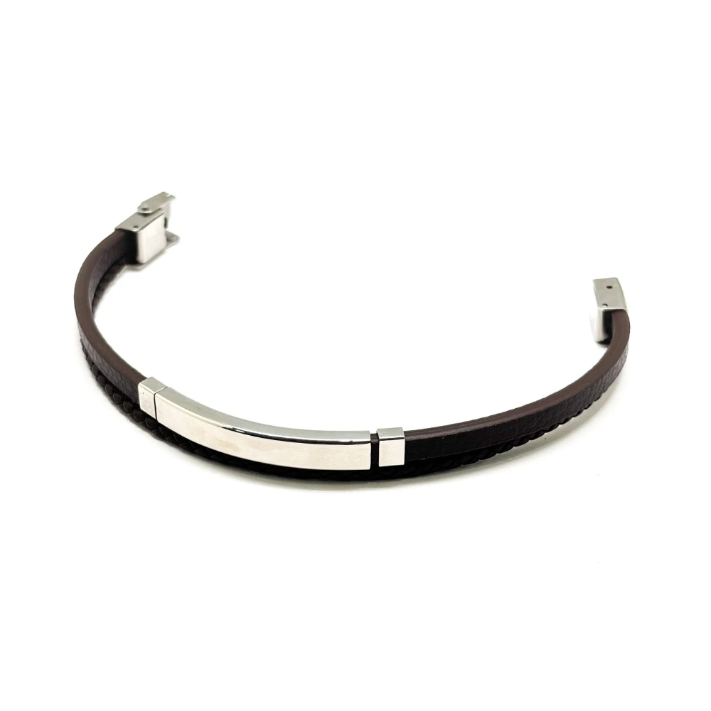 Brown Faux Leather Bracelet with Silver Tone Bar and Braided Strap for Men