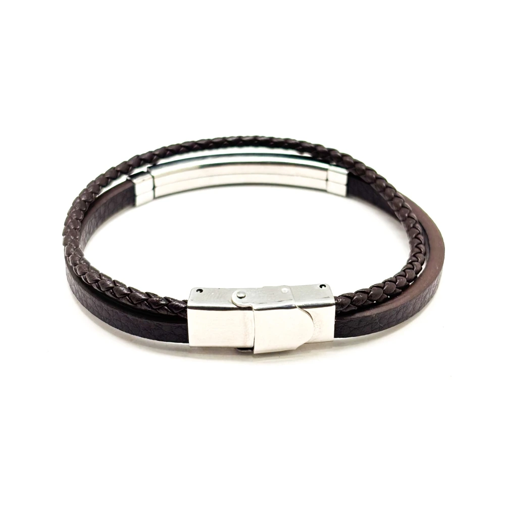 Brown Faux Leather Bracelet with Silver Tone Bar and Braided Strap for Men