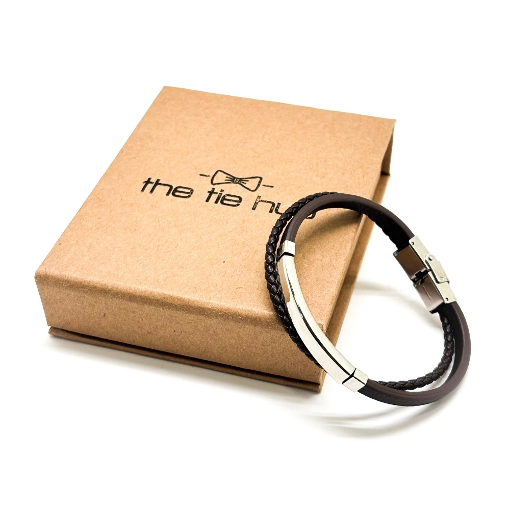 Brown Faux Leather Bracelet with Silver Tone Bar and Braided Strap for Men
