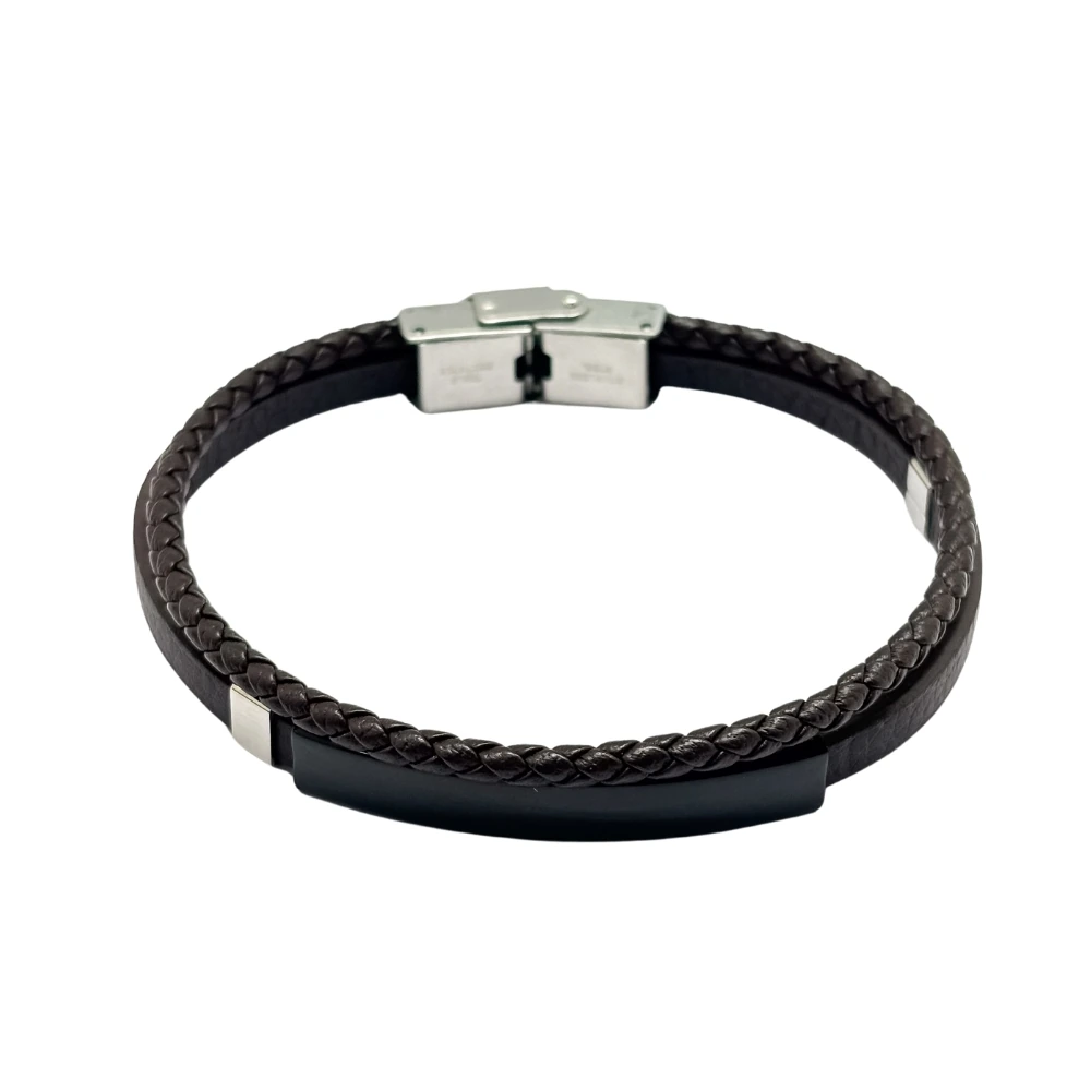 Black Braided Faux Leather Bracelet with Slim Black Bar for Men