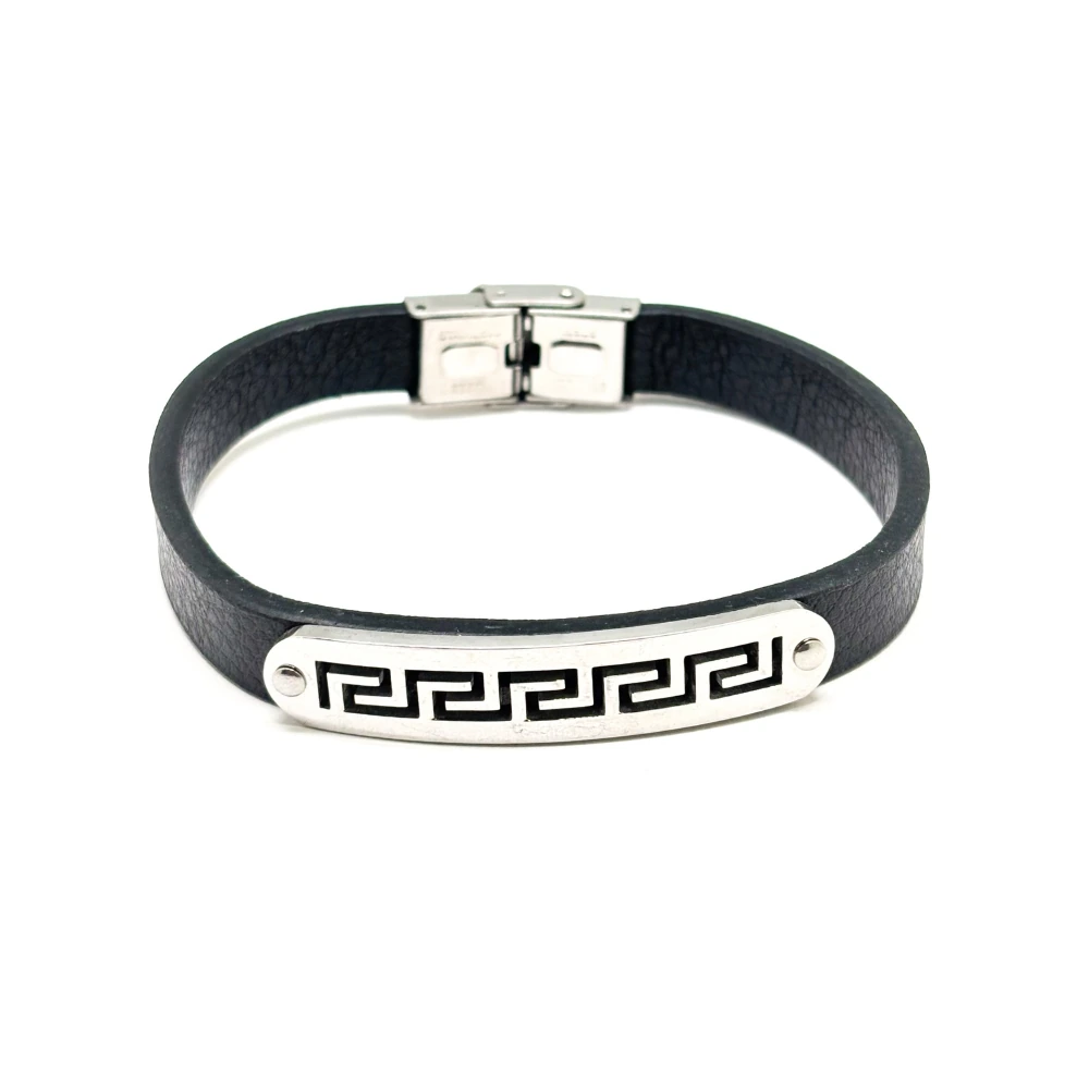 Stylish Black Faux Leather Bracelet with Greek Key for Men