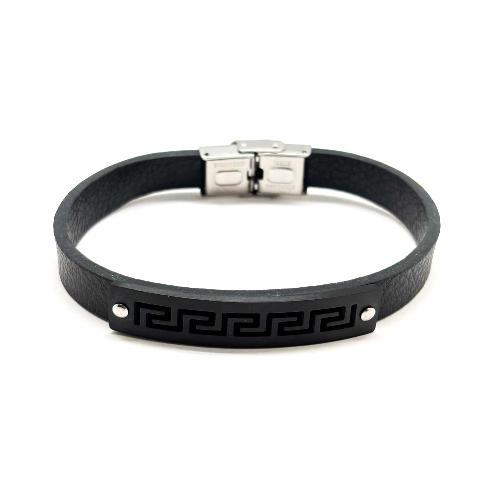 Black Faux Leather Bracelet with Black Greek Key Plate Design for Men