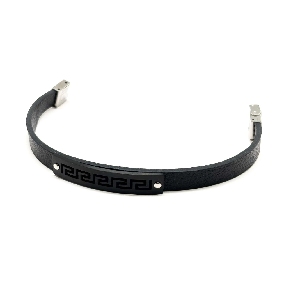 Black Faux Leather Bracelet with Black Greek Key Plate Design for Men