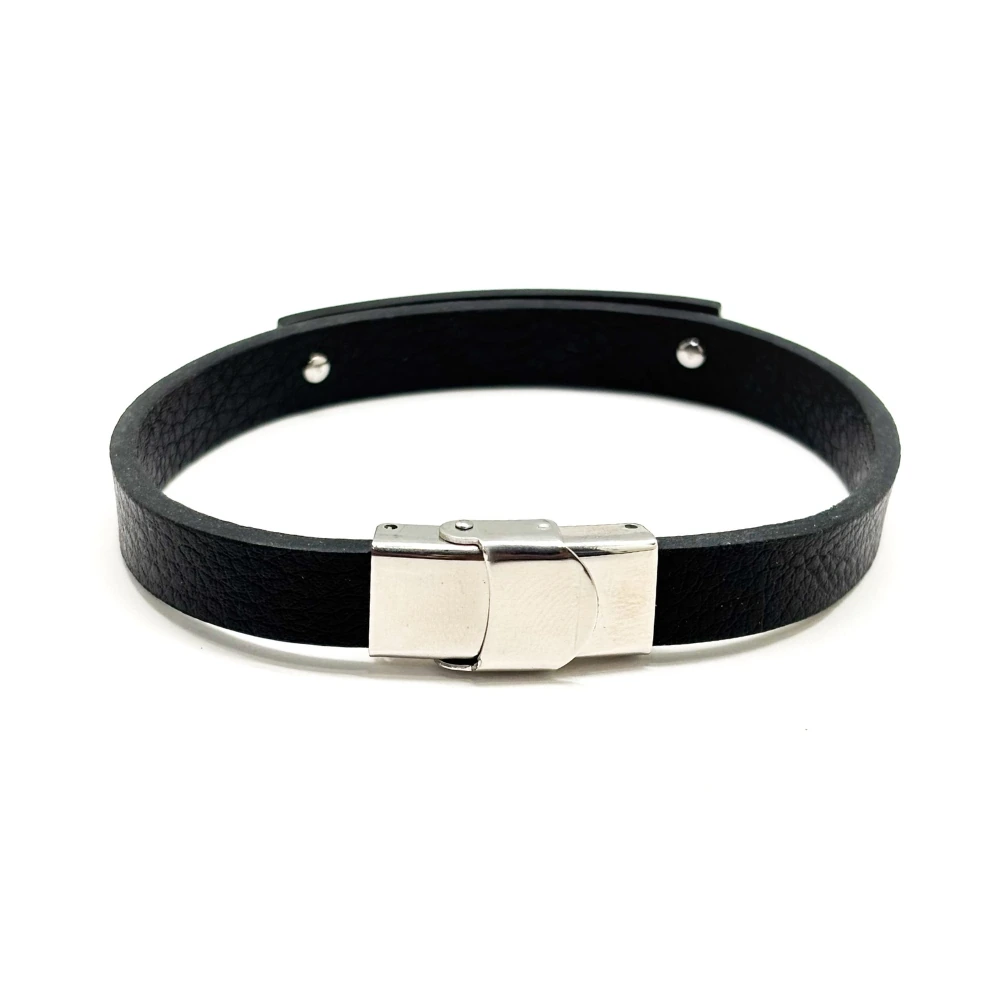 Black Faux Leather Bracelet with Black Greek Key Plate Design for Men