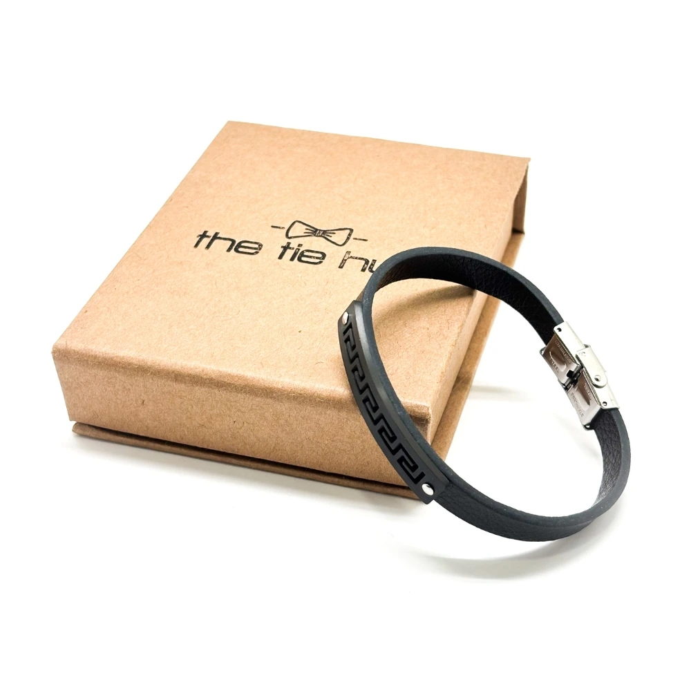 Black Faux Leather Bracelet with Black Greek Key Plate Design for Men