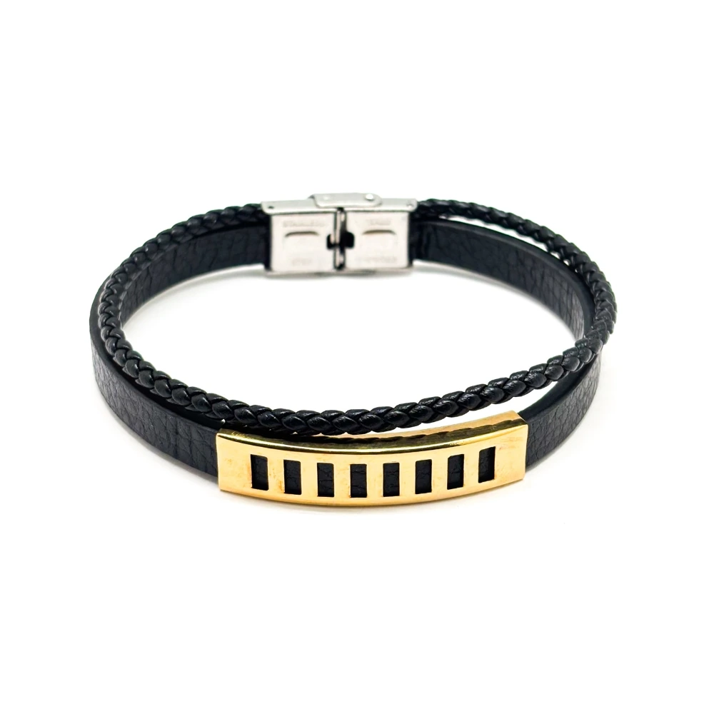 Stylish Black Faux Leather Bracelet with Gold Accent and Braided Strap for Men