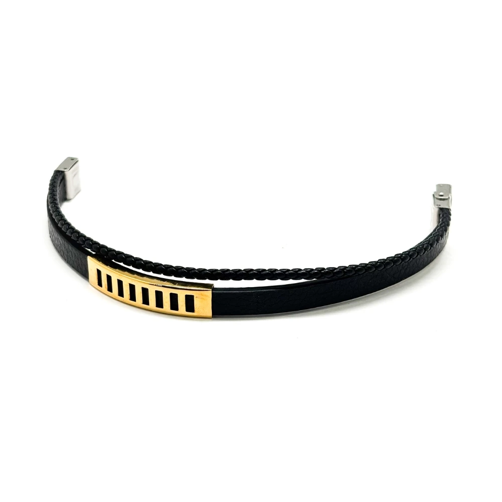 Stylish Black Faux Leather Bracelet with Gold Accent and Braided Strap for Men