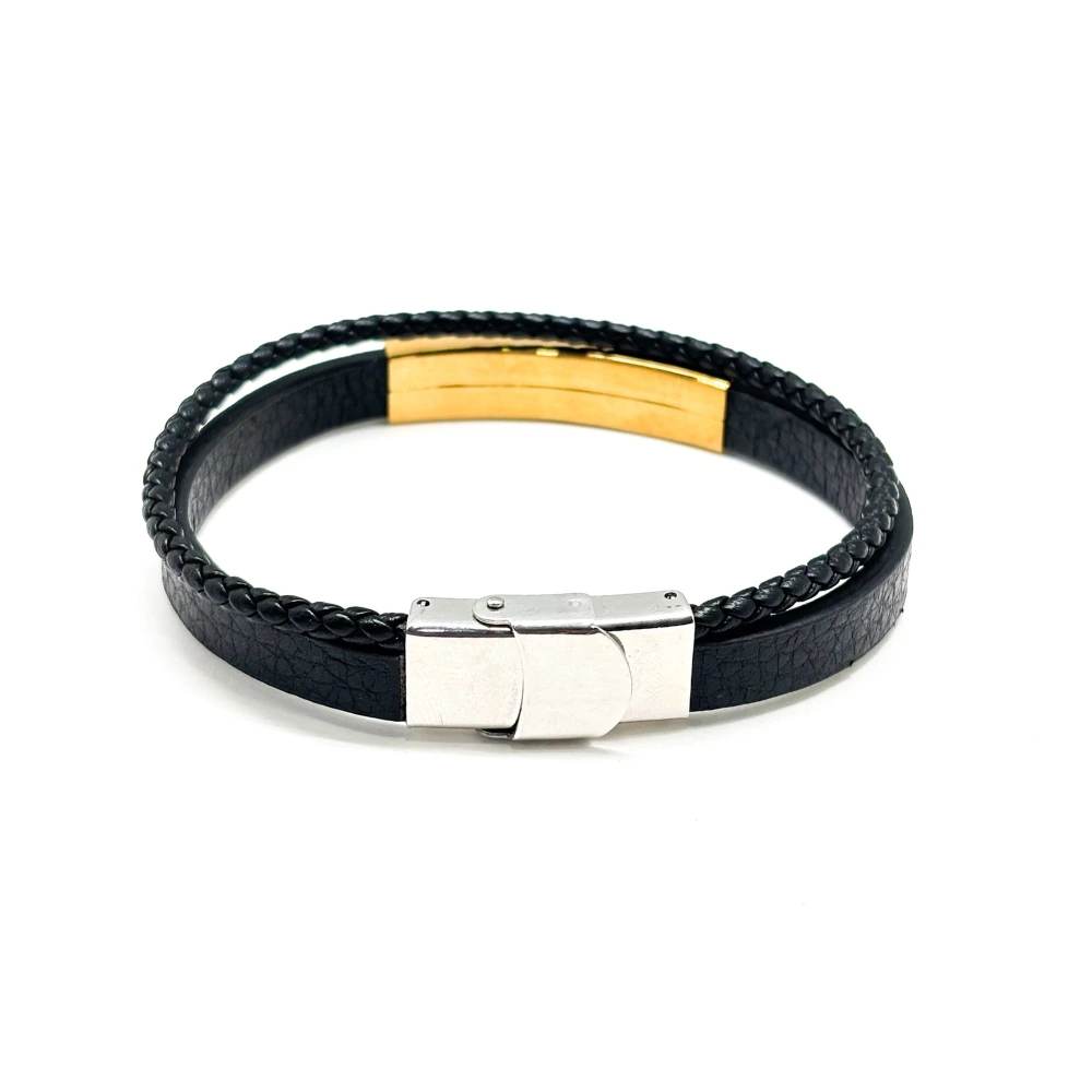 Stylish Black Faux Leather Bracelet with Gold Accent and Braided Strap for Men