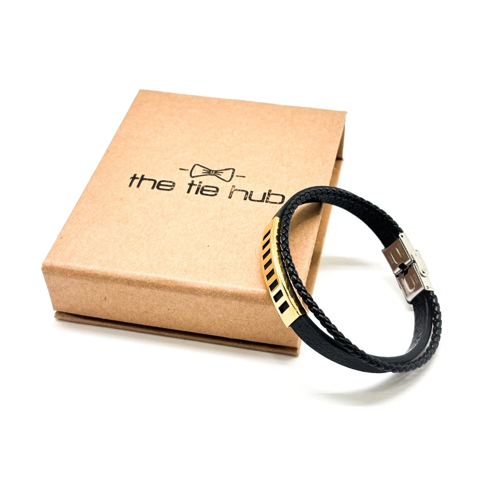 Stylish Black Faux Leather Bracelet with Gold Accent and Braided Strap for Men