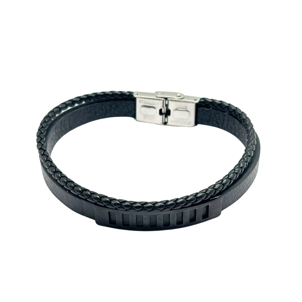 Black Braided Faux Leather Bracelet with Textured Black Bar for Men