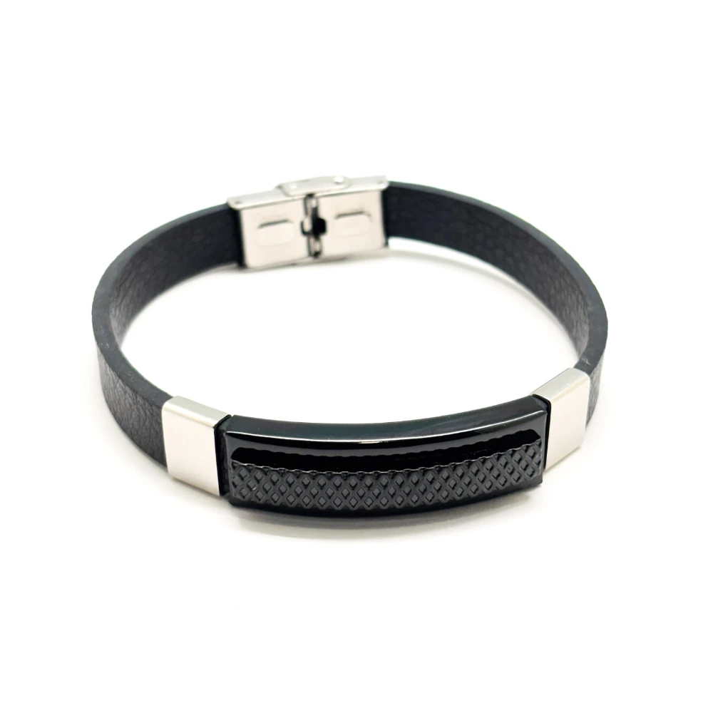 Black Faux Leather Bracelet with Textured Black Bar for Men