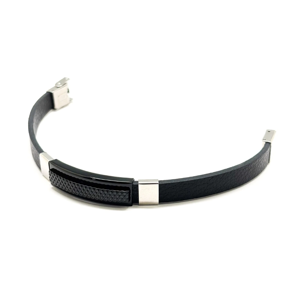 Black Faux Leather Bracelet with Textured Black Bar for Men