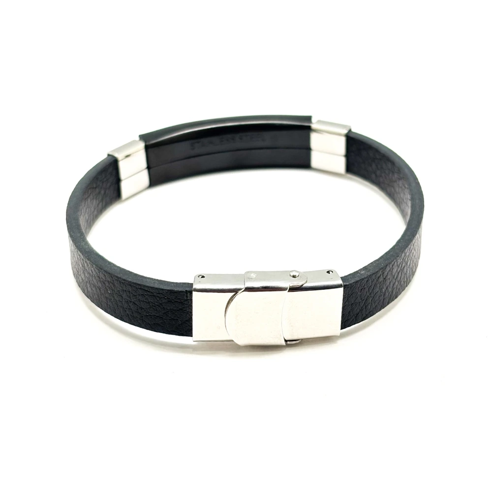 Black Faux Leather Bracelet with Textured Black Bar for Men