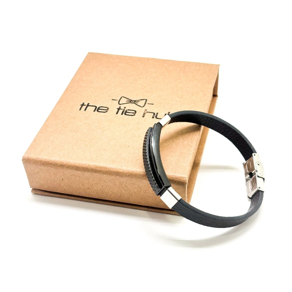 Black Faux Leather Bracelet with Textured Black Bar for Men