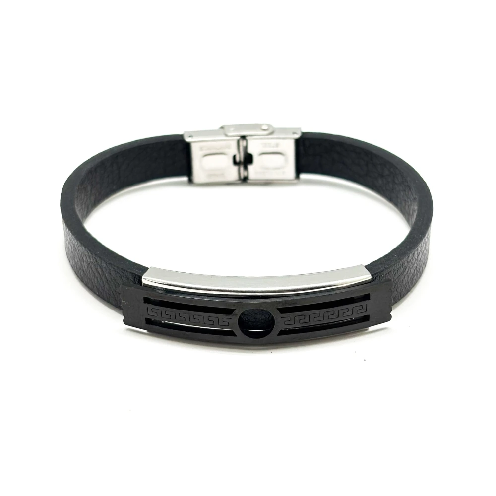 Black Faux Leather Bracelet with Greek Key Design for Men