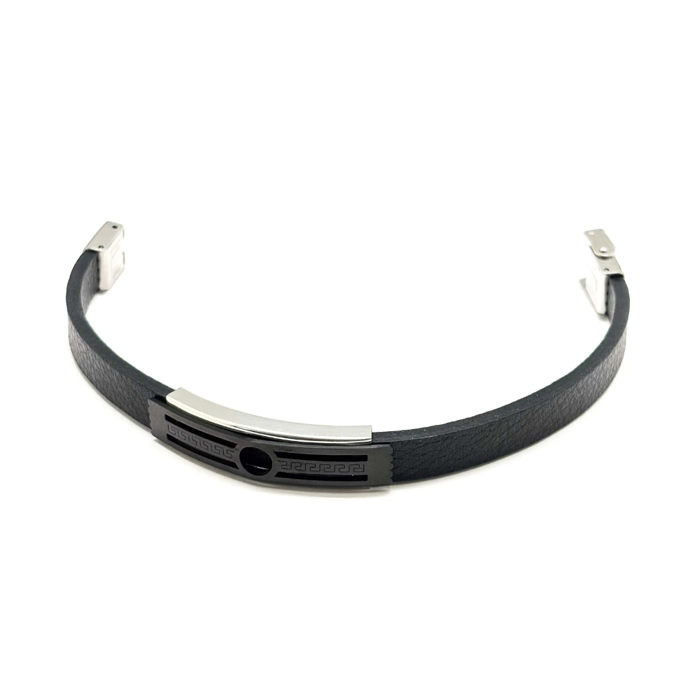 Black Faux Leather Bracelet with Greek Key Design for Men