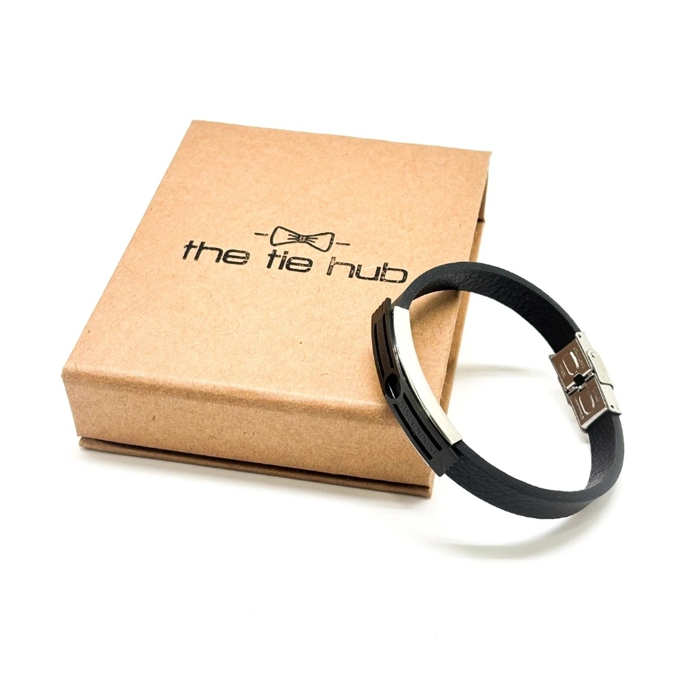 Black Faux Leather Bracelet with Greek Key Design for Men