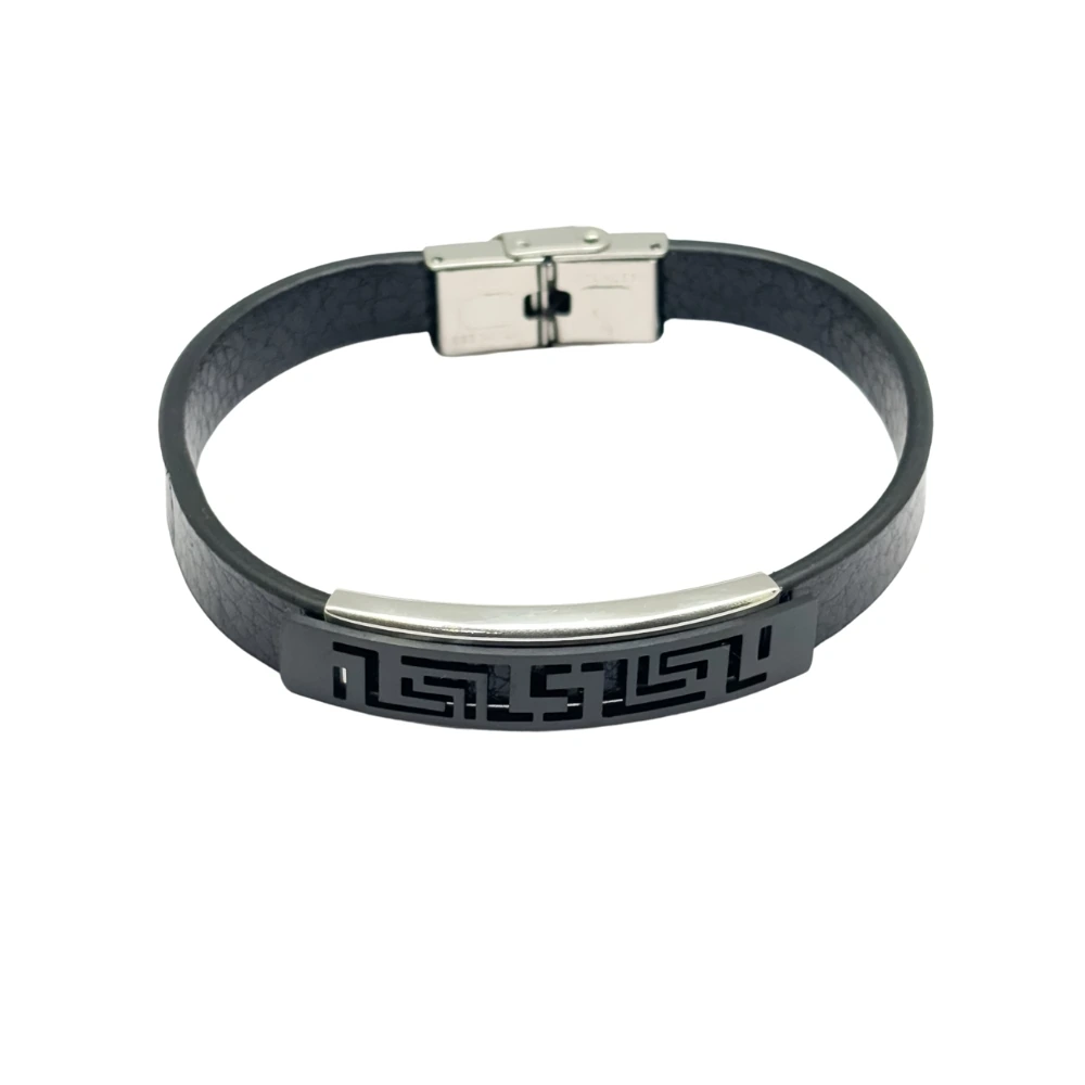 Black Faux Leather Bracelet with Greek Key Bar for Men