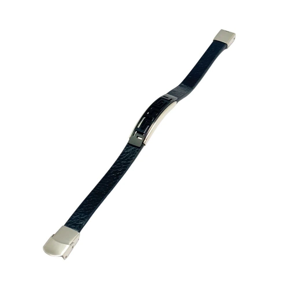 Black Faux Leather Bracelet with Greek Key Bar for Men