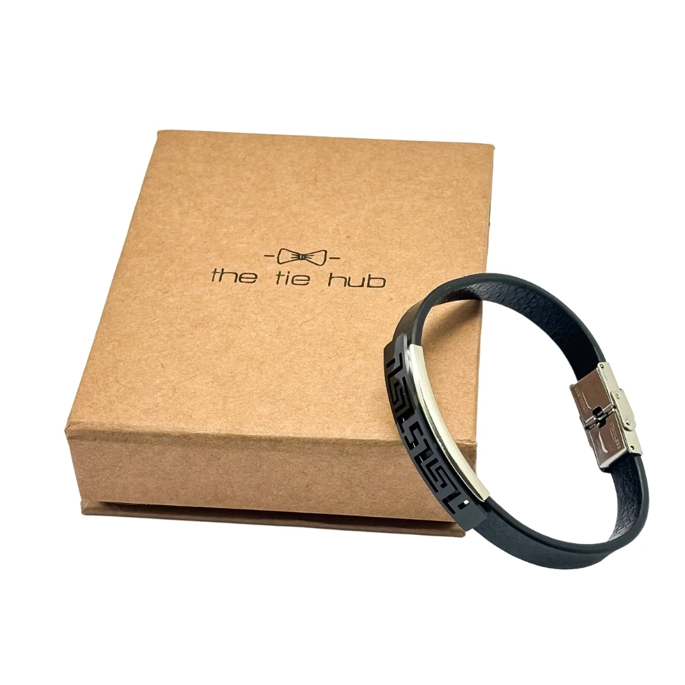 Black Faux Leather Bracelet with Greek Key Bar for Men