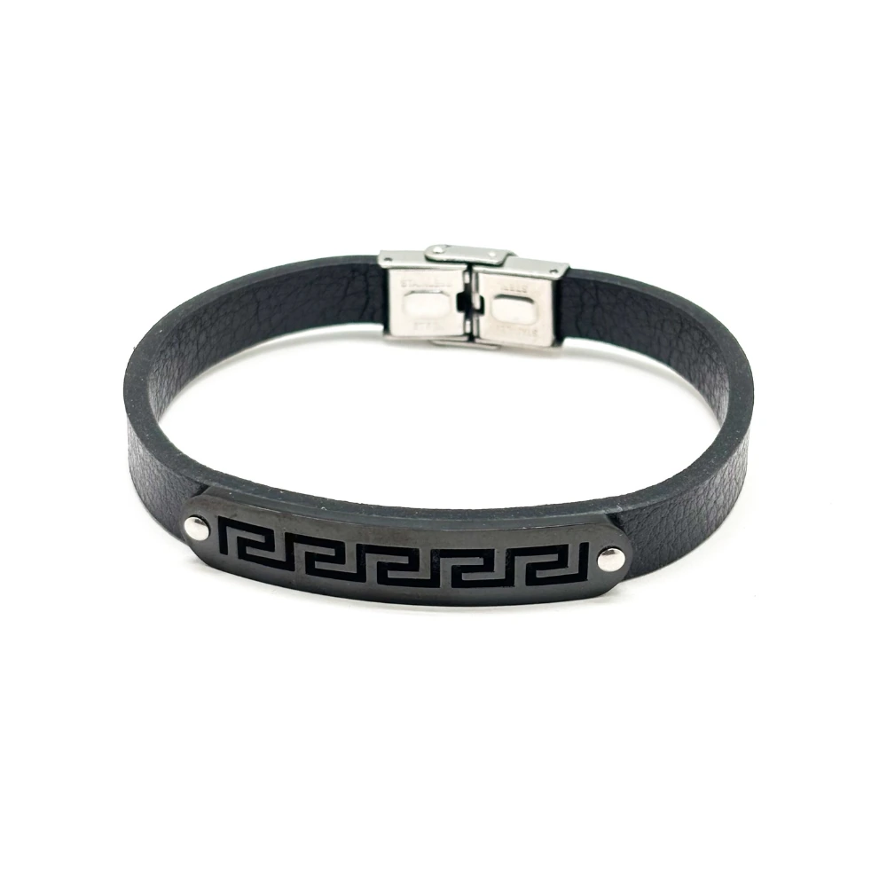 Black Faux Leather Bracelet with Greek Key Plate Design for Men
