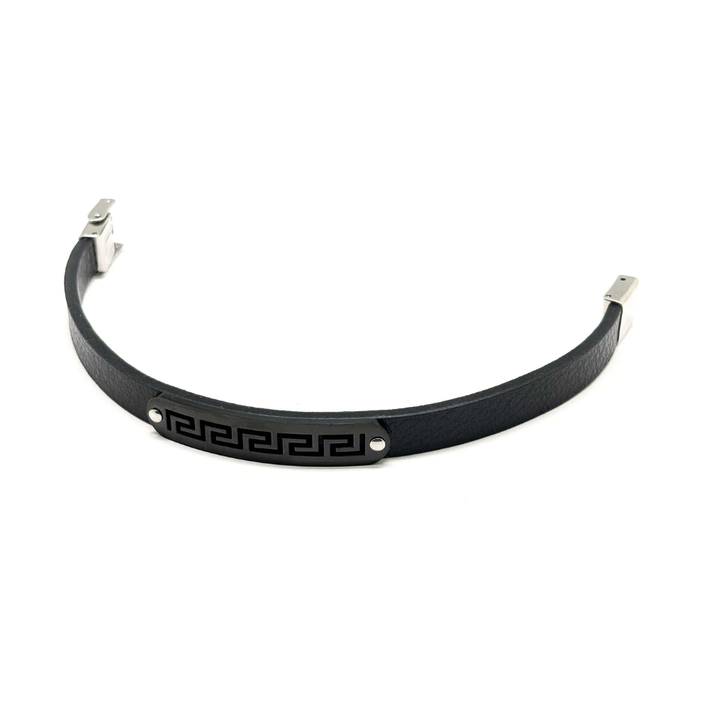 Black Faux Leather Bracelet with Greek Key Plate Design for Men