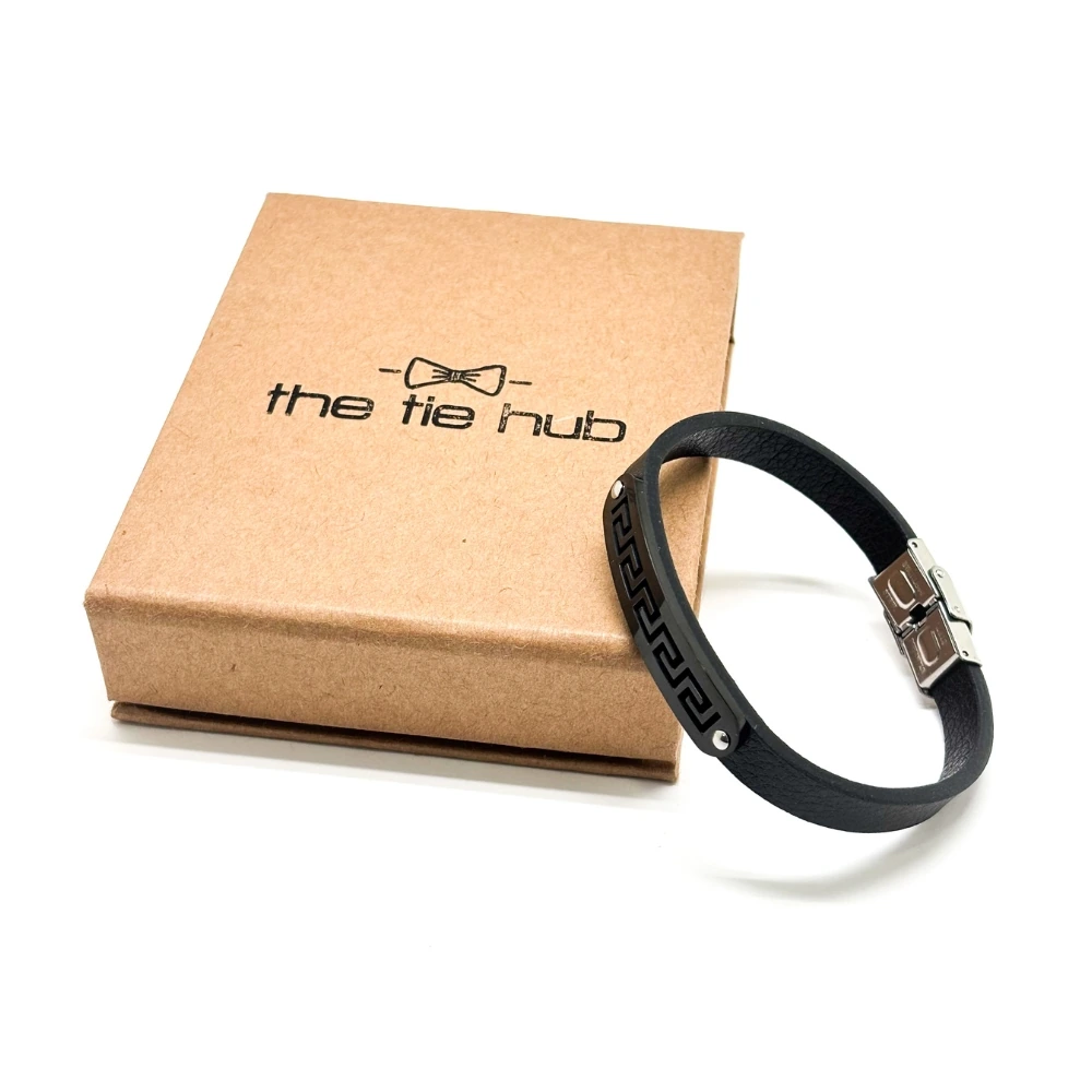 Black Faux Leather Bracelet with Greek Key Plate Design for Men
