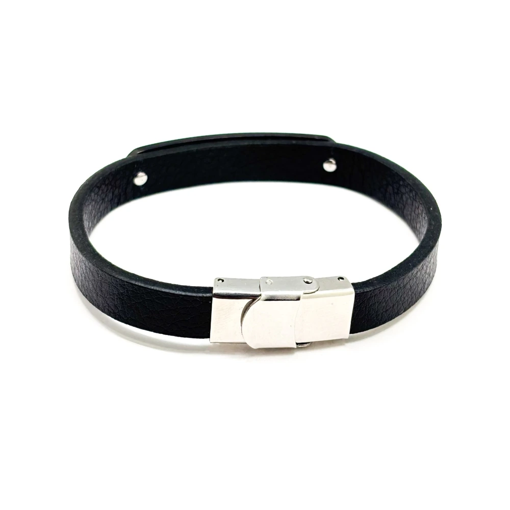 Black Faux Leather Bracelet with Greek Key Plate Design for Men