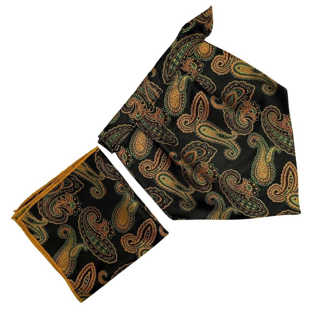 Black Paisley Cravat and Pocket Square Combo for Men