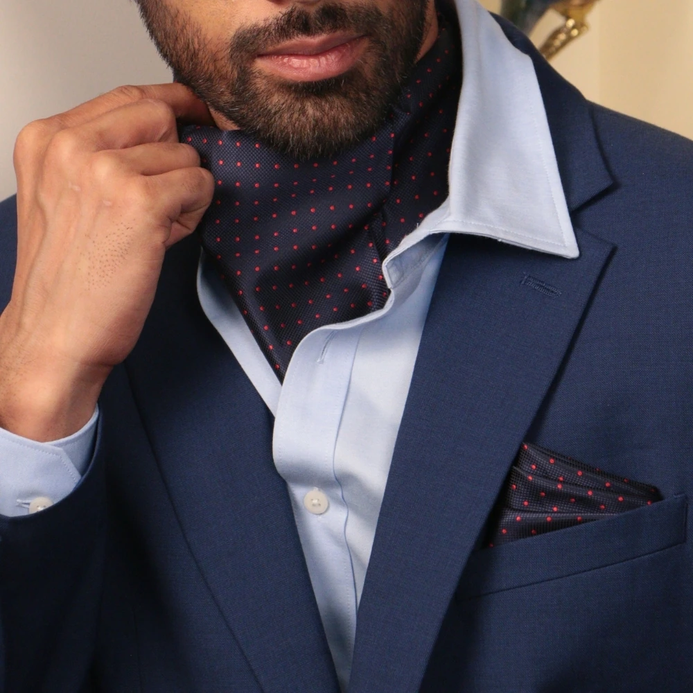 Navy Blue Polka Dot Cravat and Pocket Square Combo for Men