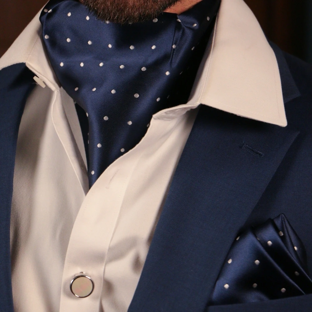 Navy Blue Polka Dot Cravat and Pocket Square Combo for Men