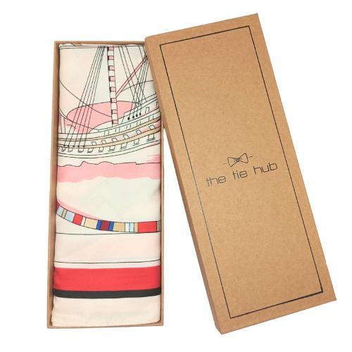 White with Pink Sailing Ship Schooner Printed Scarf for Women