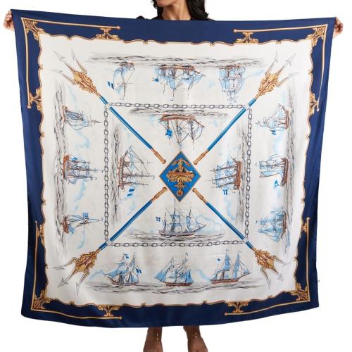 White with Blue Selling Ship Printed Scarf for Women