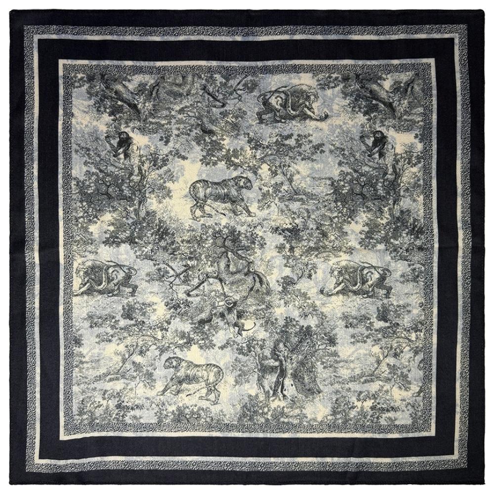 Black & Grey Reversible Wool Neckerchief for Men - Scenic Print & Stripe
