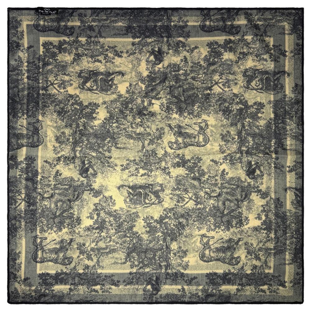 Black & Grey Reversible Wool Neckerchief for Men - Scenic Print & Stripe