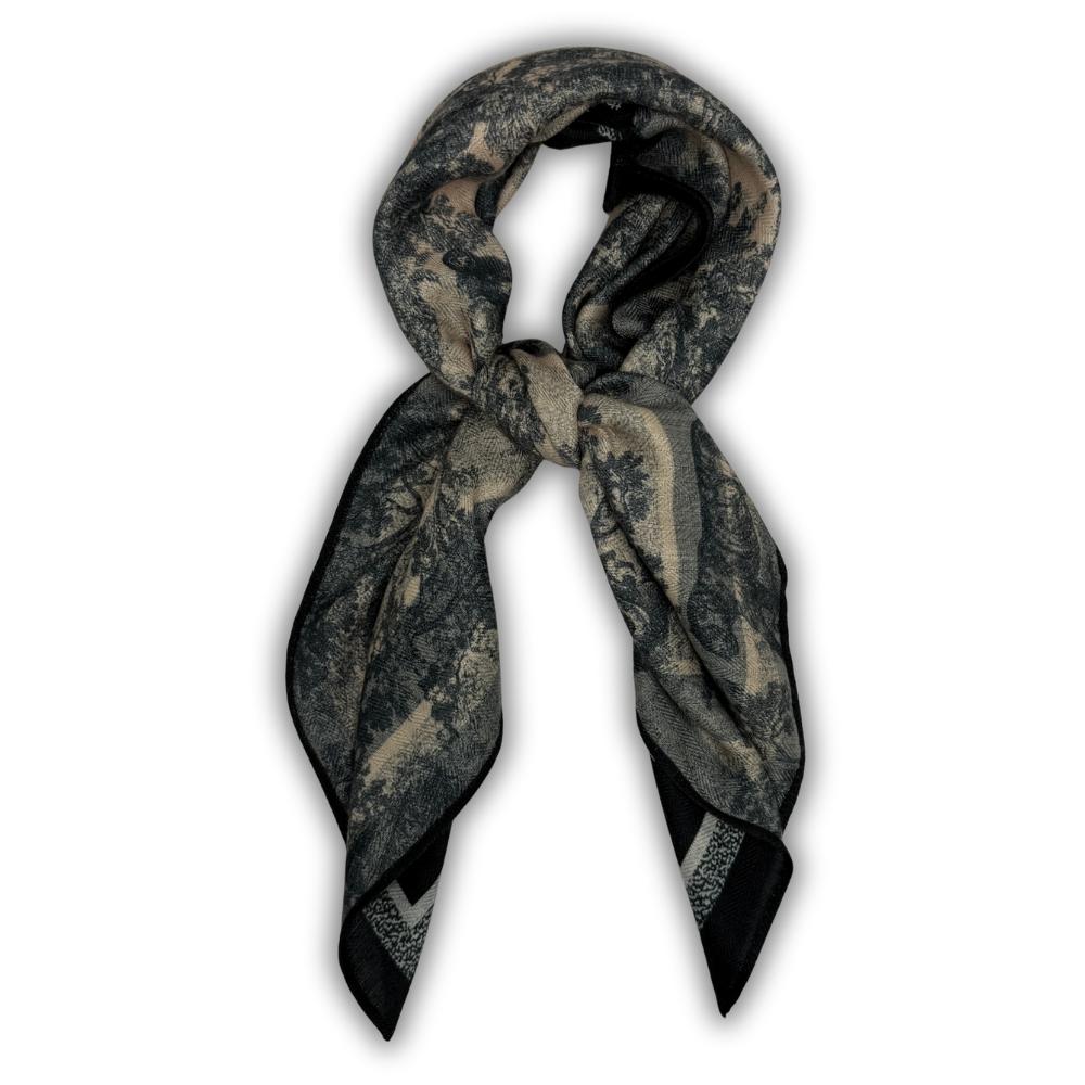 Black & Grey Reversible Wool Neckerchief for Men - Scenic Print & Stripe